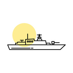 Naklejka premium Naval Warship Icon Featuring a Long Hull, Bridge Tower, and Deck Structures, Representing a Military Fleet Vessel, Maritime Patrol, and Ocean Defense Force