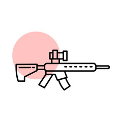 Naklejka premium Sniper Rifle Icon Featuring a Mounted Scope, Long Barrel, and Stock in Side Profile, Representing a Precision Marksman Weapon and Long Range Combat Equipment