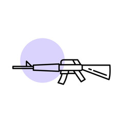 Naklejka premium Assault Rifle Icon Featuring a Curved Magazine, Stock, and Barrel Shown in Side Profile, Representing a Military Firearm, Infantry Weapon, and Combat Gear