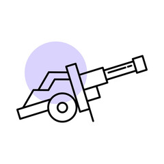 Naklejka premium Towed Artillery Cannon Icon Featuring a Long Barrel and Wheeled Carriage Base, Representing a Field Gun, Ground Firepower, and Military Defense Equipment