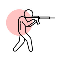 Naklejka premium Standing Soldier Icon Featuring a Raised Rifle Held in a Ready Firing Stance, Representing Military Infantry Combat Training and Armed Forces Personnel on Duty