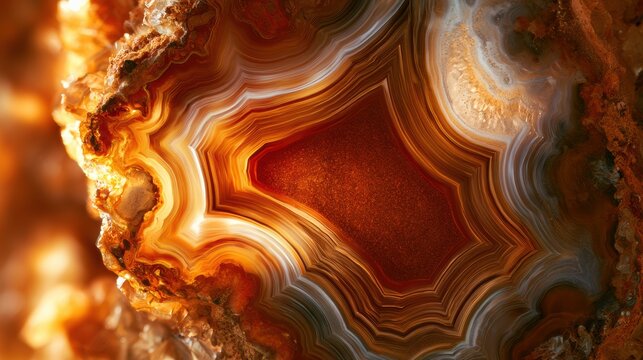 A warm agate geode cross-section reveals a rust banded center. The stone provides a macro backdrop with space for text.