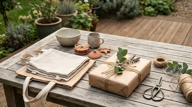 Sustainable gift wrapping with paper and tote bags on wooden table