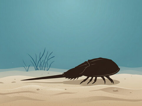 Flat vector illustration of a horseshoe crab crawling across the sandy ocean floor in clear blue underwater environment.