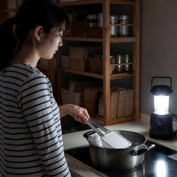 停電時にパックご飯を湯せんする日本人女性