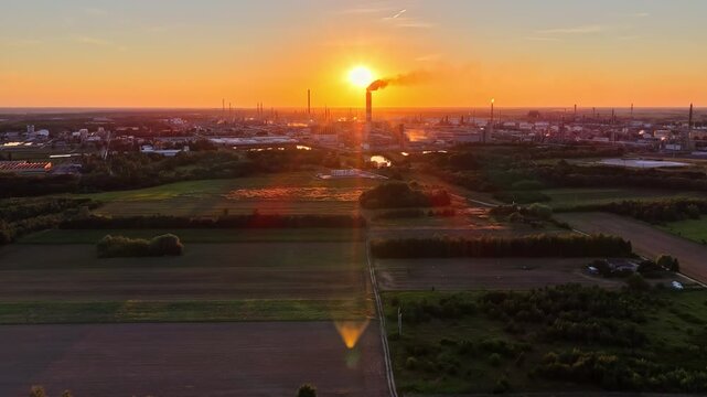 Aerial view of the Orlen Plock Production Plant at sunset with industrial chimneys and surrounding fields in Plock, Mazowieckie Voivodeship, Poland.