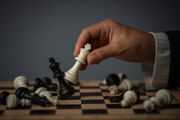 business hand holding white chess king taking black king, win and game over © geargodz