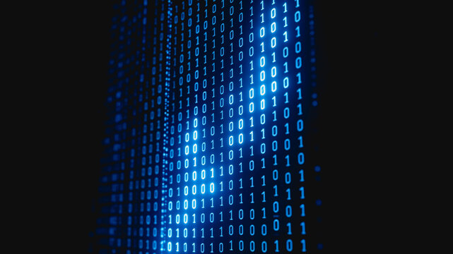 Glowing binary code forms a digital data stream against a dark background, representing information technology and cyber systems.