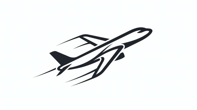 Stylized black airplane silhouette in motion against a white background, abstract design