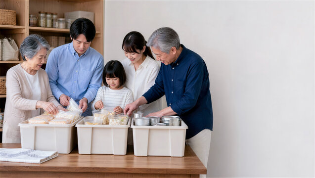 三世代家族が食品を分けて行う防災備蓄