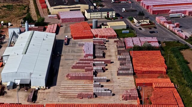 Aerial view of industrial brick factory facility with large warehouses and stacks of red construction materials in Konin, Wielkopolskie, Poland.