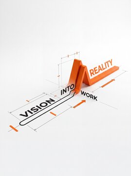 Orange 3d text blocks spelling reality and vision into work arranged on a white surface with technical measurement lines with transformation engineering typography conceptual motivation