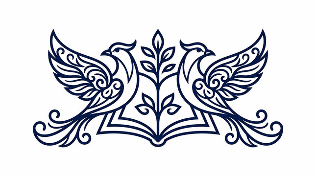 Elegant vector line art of two stylized birds facing each other over an open book and floral sprig, perfect for library, education, and publishing logos