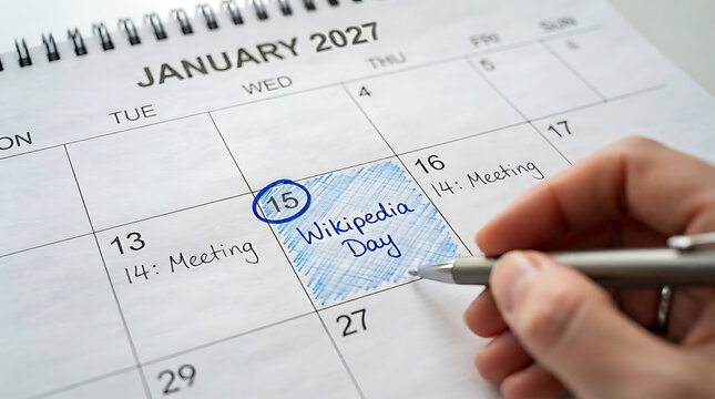 Person writing wikipedia day on a calendar date with a pen