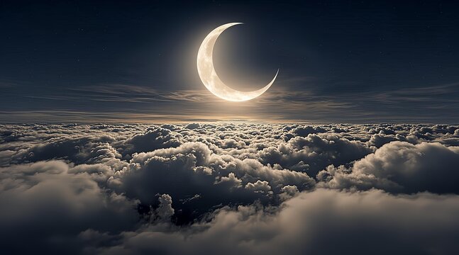 A Radiant Crescent Moon Glowing Amidst Soft Clouds in the Dark Night Sky