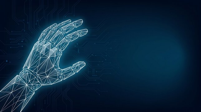 Robotic hand wireframe texture with blue polygon mesh and digital particles on dark background, human machine interaction concept for AI, automation, and futuristic technology interface