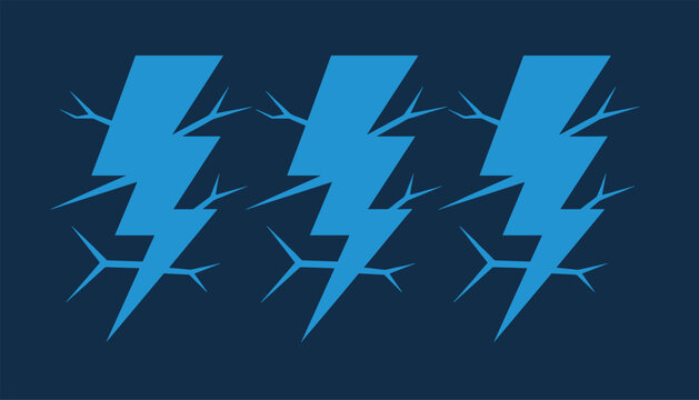 Stylized vector illustration of three bright blue lightning bolts with branch-like cracks on a dark blue background.