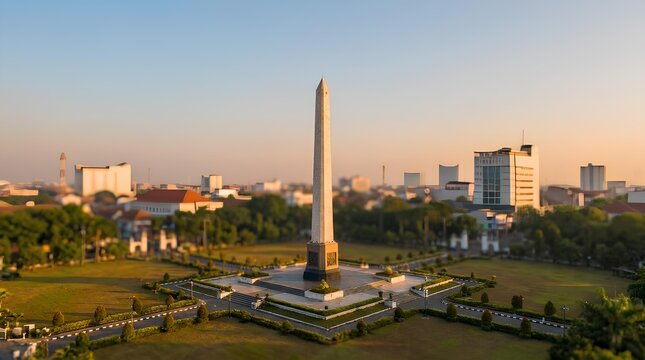 Aerial view of tall obelisk monument in city park at sunset.