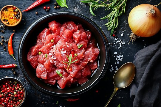 Raw beef cubes in bowl with onion, chili, spices and herbs