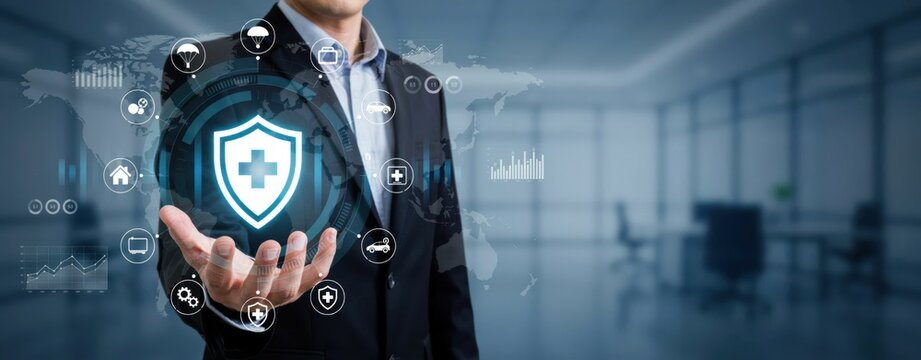 Businessman holding digital health insurance shield icon