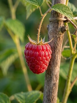 Fresh red raspberry hanging on wooden support for garden fruit harvests.