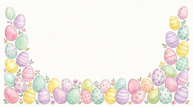 Pastel Watercolor Easter Egg Border on White Background with Holiday Copy Space