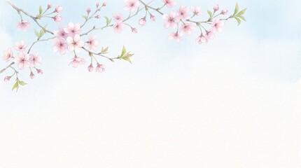 Obraz premium Pink Watercolor Cherry Blossom Branches on Soft Blue White Spring Background