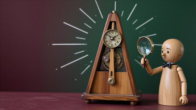 Wooden metronome and curious toy figure inspecting its inner gears with a magnifying glass.