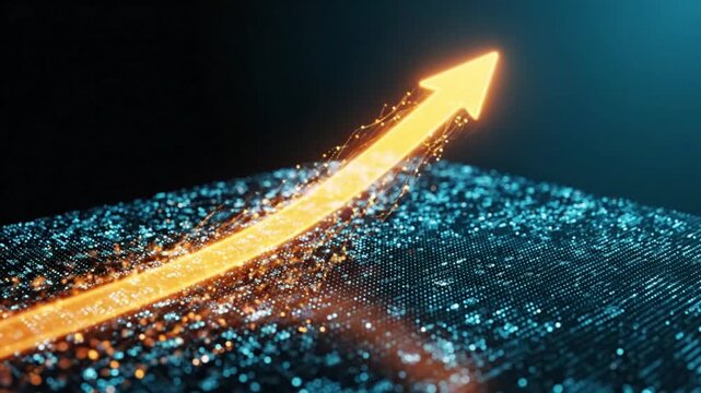 Abstract digital landscape with glowing orange arrow moving forward through blue particles futuristic technology concept