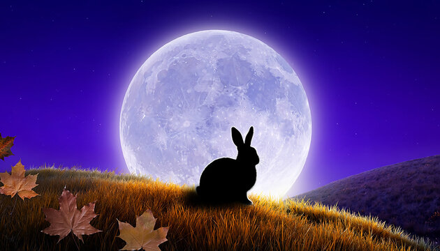 Silhouette of a Rabbit Against a Large Full Moon in Autumn Meadow Generative AI
