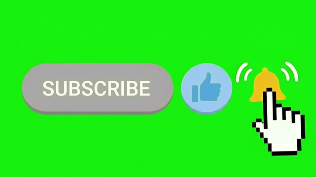 Mouse cursor clicking like and subscribe buttons with bell notification icon on green screen chroma key