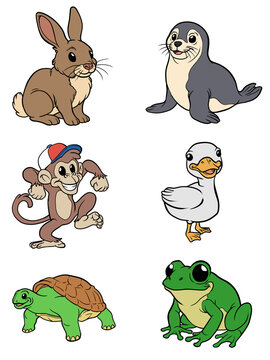 Cute animals cartoon bundle set including rabbit seal monkey with cap duck turtle and green frog isolated on transparent background for kids education book illustration clipart png

