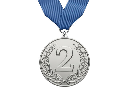 Silver medal with number two and blue ribbon for second place winner isolated on transparent background
