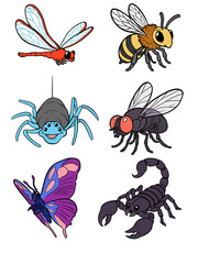 Fototapeta premium Cute insect and bug illustration set for kids learning, cartoon creepy crawlies elements pack, isolated on transparent background 