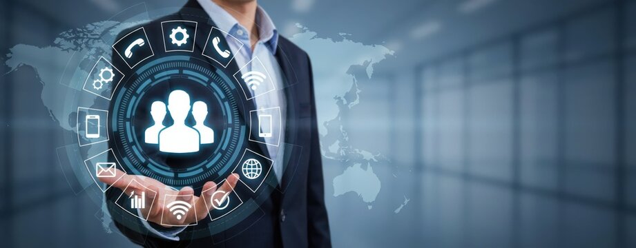 Businessman holding digital interface with communication icons
