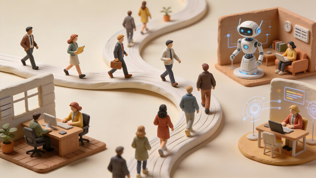 3D Clay Claymation Workforce Transformation showing Business People Walking on Career Path Roadmap toward Future Workplace, Artificial Intelligence Robot, and Tech Integration