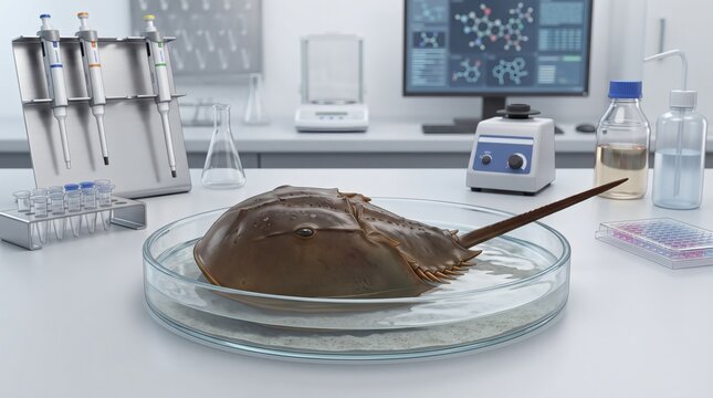 Detailed 3D rendered illustration of a horseshoe crab in a glass petri dish inside a biomedical research laboratory with pipettes.