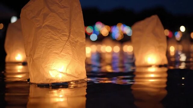 Floating Paper Lanterns Glowing on Water Surface at Night. 4K Video