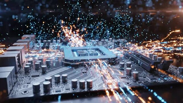 Advanced Motherboard Circuit Board with CPU Socket and RAM Slots Futuristic Technology Concept