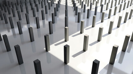 Obraz premium Minimalist grid of vertical pillars casting sharp geometric shadows across a reflective white floor