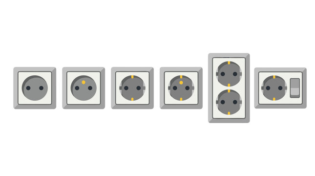 Set of electrical wall outlets with various configurations including dual socket and switch, industrial energy infrastructure, power connection