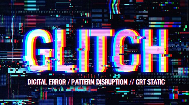 Glitch effect with the word Glitch in large letters and digital static background