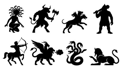 Naklejka premium Set of black silhouettes of legendary greek mythical creatures including medusa minotaur cerberus cyclops centaur chimera hydra sphinx