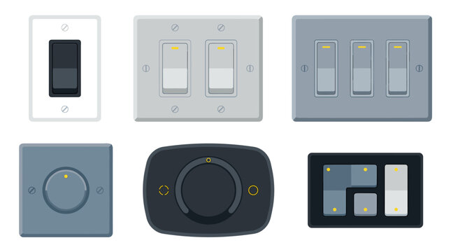 Set of electrical light switches and dimmers featuring various modern wall plates, flat vector icons for interior design home renovation and smart
