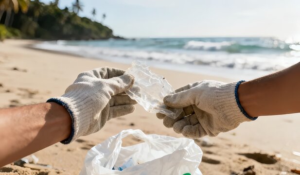 First person view of an environmental volunteer collecting plastic waste during a beach cleanup activity.