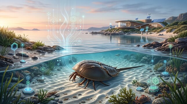 Futuristic digital illustration showing a split-level coastal ecosystem with a horseshoe crab on the seabed and smart telemetry icons.