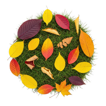 Colorful autumn leaves arranged in a circular shape on fresh green grass isolated on transparent background