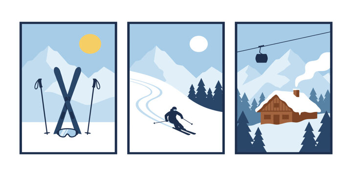 Modern retro ski posters, snowboard art prints