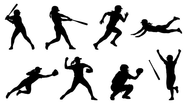 Set of baseball player silhouettes showing batting running sliding pitching and catching actions, dynamic sport poses for team game competition
