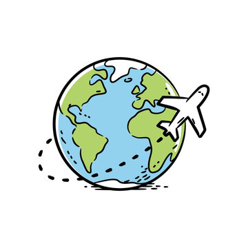 Travel around the world airplane flight vector illustration for global tourism with earth globe world map international tourism plane flying destination trip worldwide journey aviation route